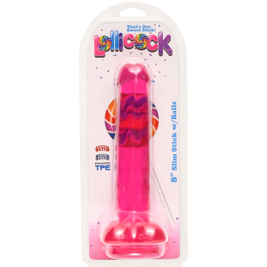 8 Inch Slim Stick with Balls Cherry Ice Dildo